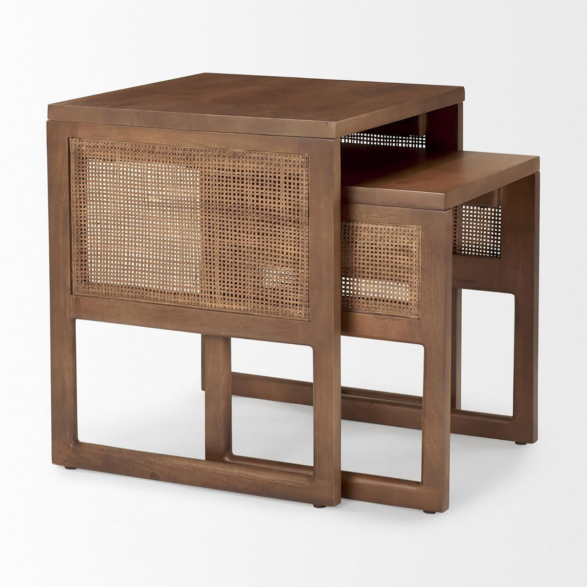 Mercana Grier Set of 2 Medium Brown Solid Wood w/Cane Nesting Accent Tables