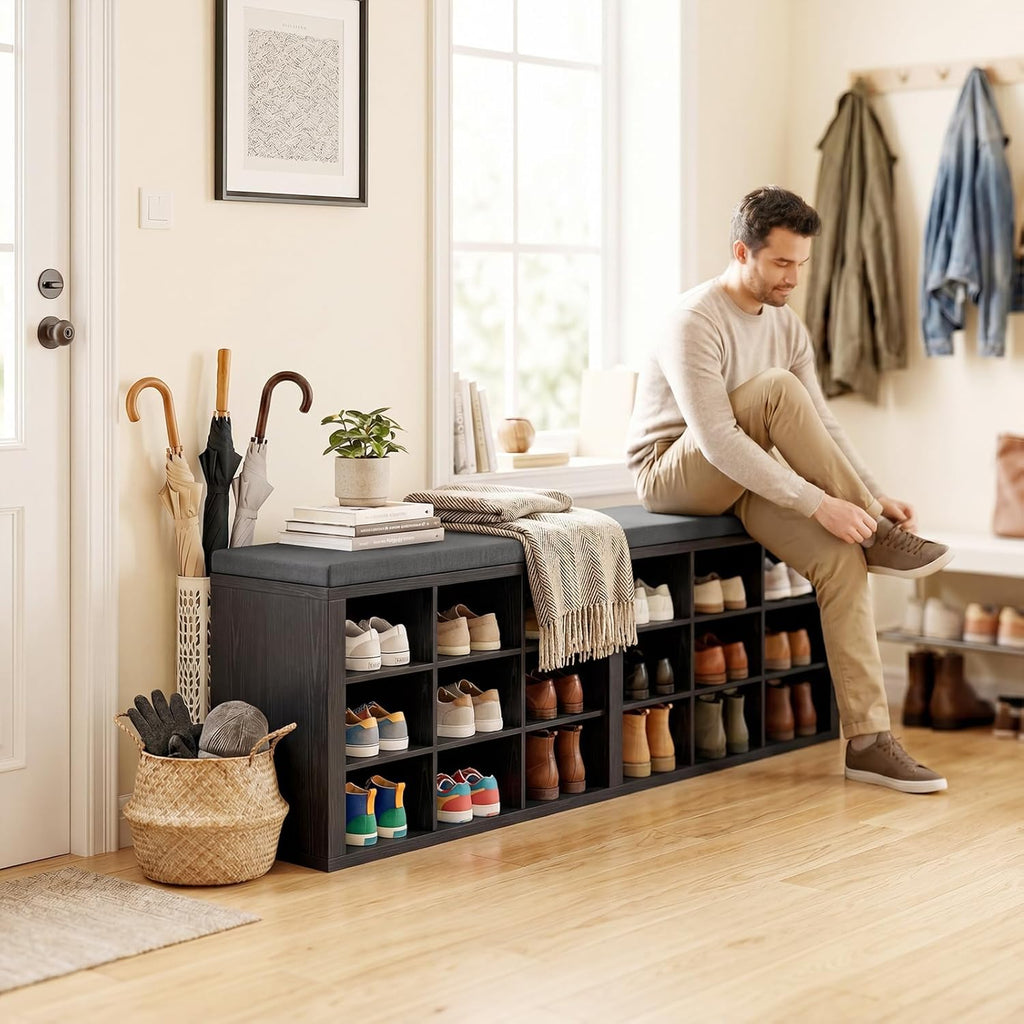 Shoe Rack Bench, Shoe Storage Bench with Cushion, Shoe Organizer 18 Cubbies for Entryway Hallway Bedroom Living Room, Holds Up to 400lbs
