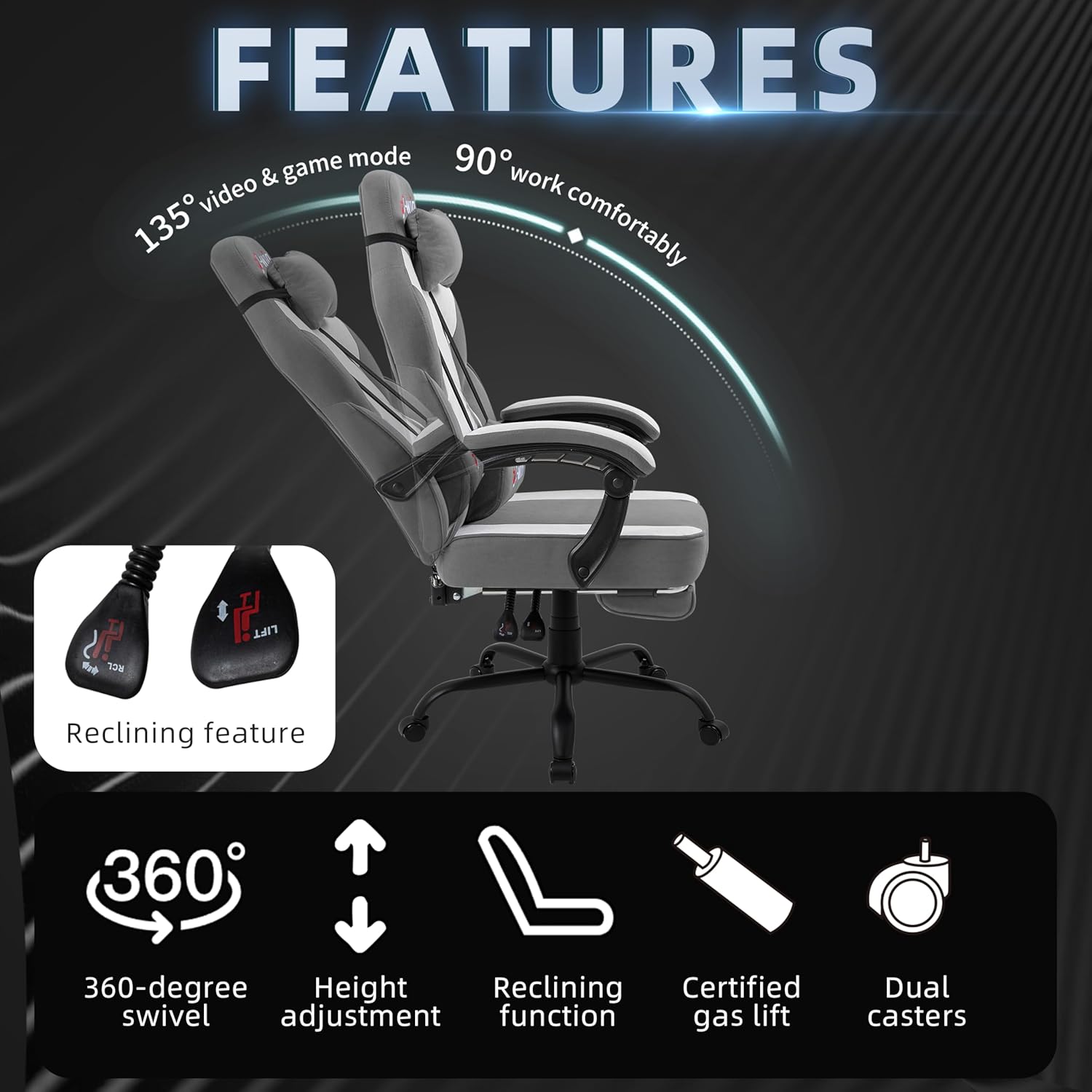 Shintenchi Big and Tall Gaming Chair Fabric Pocket Spring Cushion,High Back Recliner with Footrest and Headrest for Adults, Massage Lumbar Support for Home Office, Ergonomic Computer Desk Chair, Gray