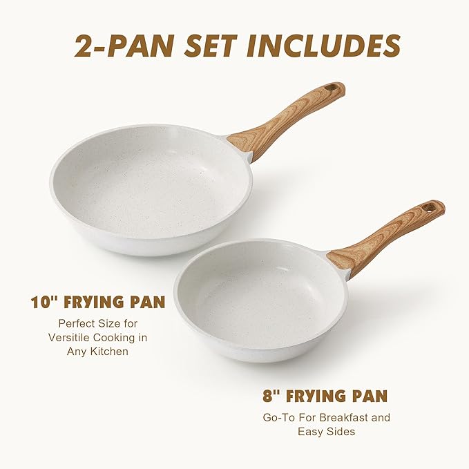 SENSARTE Nonstick Frying Pan Skillets, White Ceramic Coating Omelette Pans, Healthy Cookware Chef's Pan, Free of Intentionally Added PTFE & PFAS (8+10 Inch)