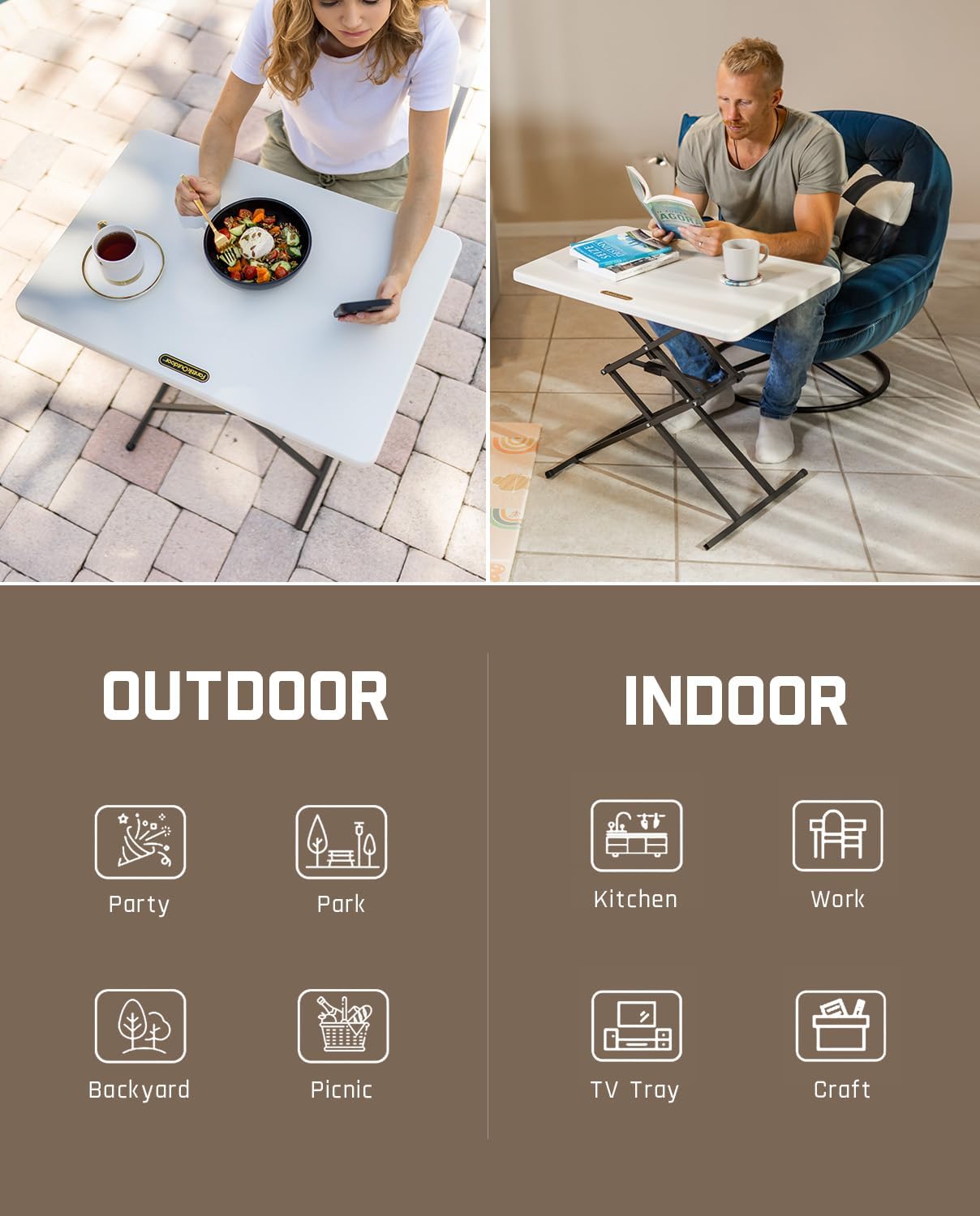 FanttikOutdoor Small Folding Table Quick Adjust 3 Heights, TV Tray, Dining | 2-Second One-Handed Adjustable Height, Foldable Laptop Desk, 3.2" Folded, No Assembly, 28 inch, 1 Pack, White Zeta X1 Pro