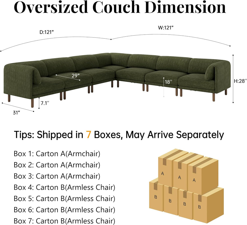 Cloud Sectional Couches for Living Room,Modular Sectional Sofa,Green | V-Shaped Extra Deep 7 Seater,Mid Century Modern Oversized Sectional Couches with Solid Wood Leg,Large Sofa for Big Space