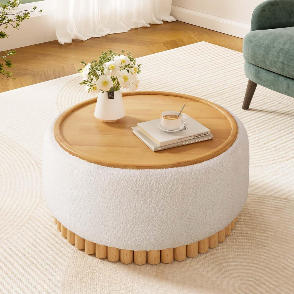 29" Boucle Upholstered Round Storage Ottoman with Solid Wood Legs, Modern Coffee Table Ottoman with Reversible Lid, Large Round Ottoman with Storage for Living Room (Beige, Boucle)