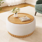 29" Boucle Upholstered Round Storage Ottoman with Solid Wood Legs, Modern Coffee Table Ottoman with Reversible Lid, Large Round Ottoman with Storage for Living Room (Beige, Boucle)