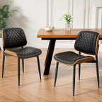 REONEY Dining Chairs Set of 4, Mid-Century Modern Upholstered PU Leather Chairs with Walnut Back and Metal Legs Adjustable Feet for Kitchen Dining Room, Black Diamond Plaid