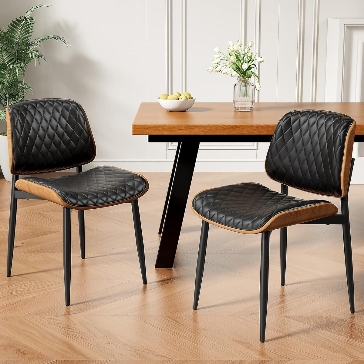 REONEY Dining Chairs Set of 2, Mid-Century Modern Upholstered PU Leather Chairs with Walnut Back and Metal Legs Adjustable Feet for Kitchen Dining Room, Black Diamond Plaid