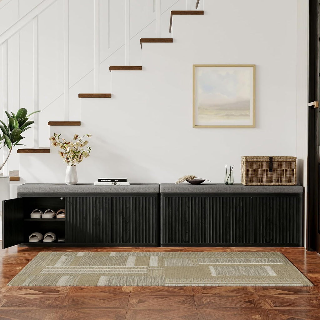 2-Tier Shoe Storage Bench with Cushion, 41.3" Entryway Bench with Padded Seat Cushion, Hidden Shoe Cabinet Storage for Hallway, Living Room, Bedroom,Black