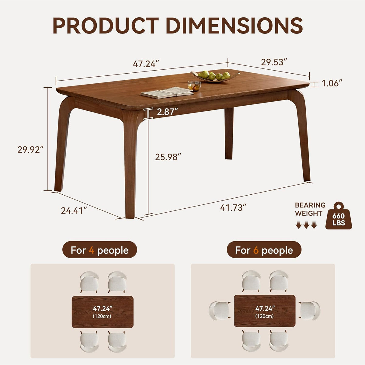 47'' Solid Wood Dining Table for 4 People, Modern Dining Table with Curved Transitions, Farmhouse Kitchen Table for Dining Room, Living Room, Kitchen (Walnut, Table only, Rubberwood)