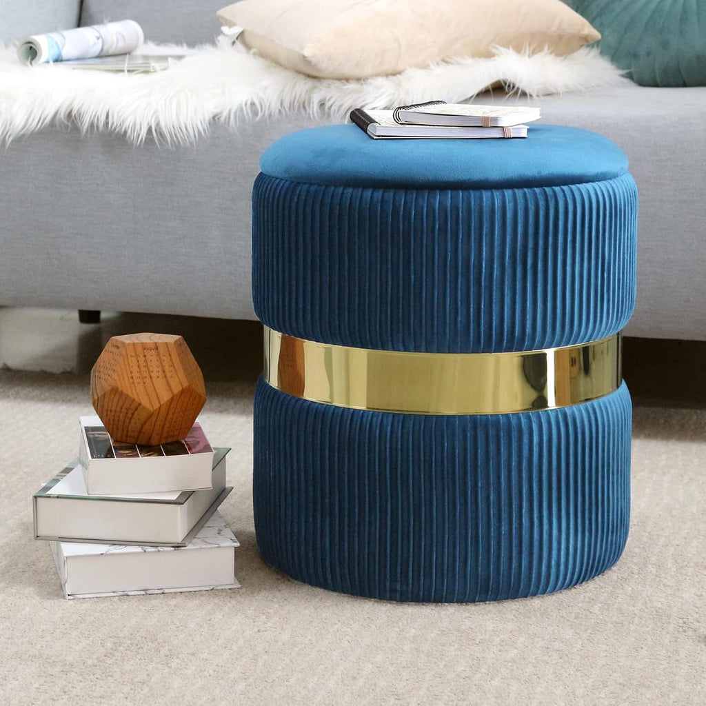 YYW HOME Blue Round Ottoman with Storage Set of 2 Vanity Stool Foot Rest with Removable Lid Blue Velvet Storage Ottoman Stool for Living Room and Dorm (Gold and Blue)