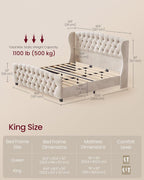 VASAGLE King Platform Bed Frame, Upholstered, Wooden Slats