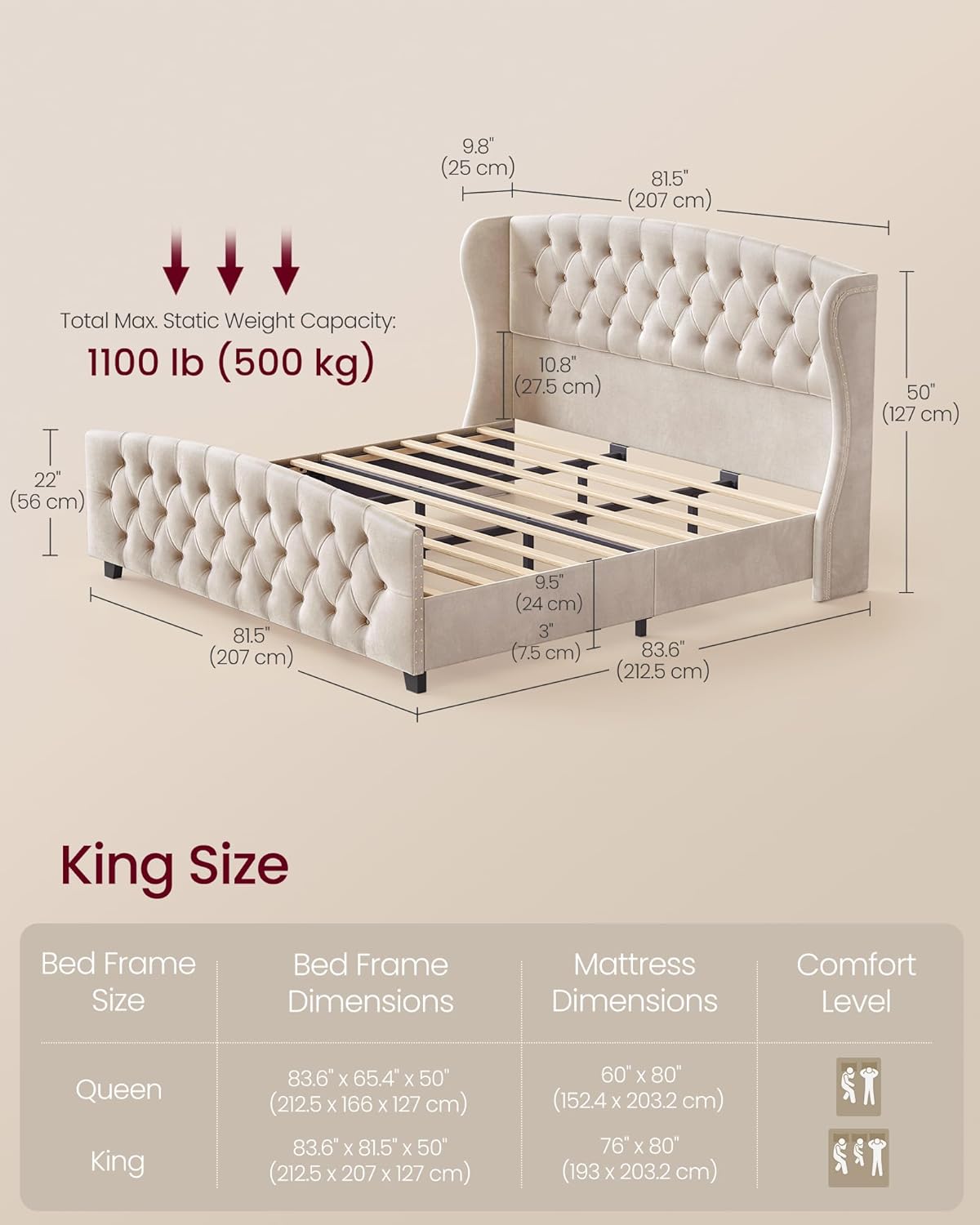 VASAGLE King Platform Bed Frame, Upholstered, Wooden Slats
