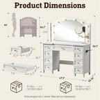STO'SENSE Vanity Desk with Mirror and Lights, Makeup Vanity Table with 9 Drawers, Magnifying Mirror & Power Outlet, Large Vintage Dressing Table for Women & Girls Bedroom (White)