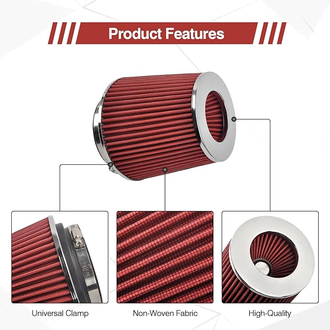 Universal Clamp On Air Intake Filter fits 3 In /3.5 In /4 In Three Different Size, Cone Air Intake Filter-Red