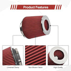 Universal Clamp On Air Intake Filter fits 3 In /3.5 In /4 In Three Different Size, Cone Air Intake Filter-Red