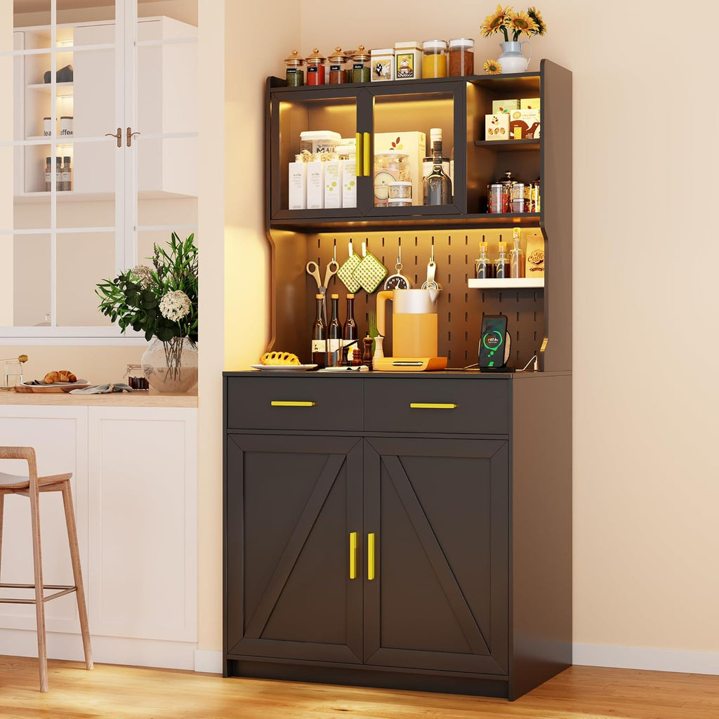 LED Kitchen Pantry Cabinet with Outlets, Farmhouse Storage Cabinet with Drawers & Adjustable Shelves, 64" Tall Cupboard with Pegboard & Hooks for Dining Room (Black)