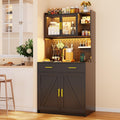 LED Kitchen Pantry Cabinet with Outlets, Farmhouse Storage Cabinet with Drawers & Adjustable Shelves, 64" Tall Cupboard with Pegboard & Hooks for Dining Room (Black)