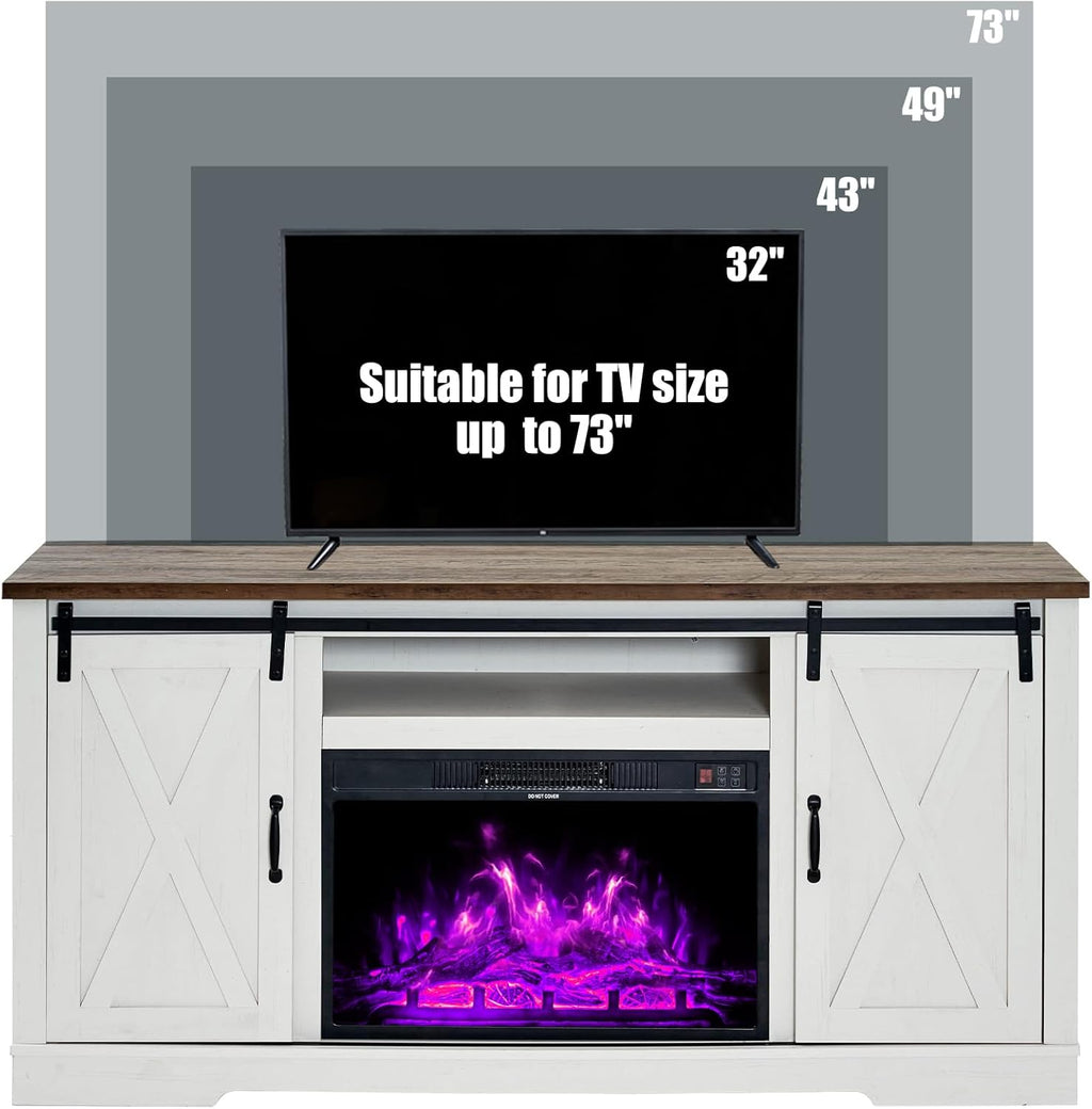 AMERLIFE 5-Piece Farmhouse Table Set Includes Fireplace TV Stand, Coffee Table& Two End Tables with Charging Station and USB Ports, for Living Room, Distressed White, 63"