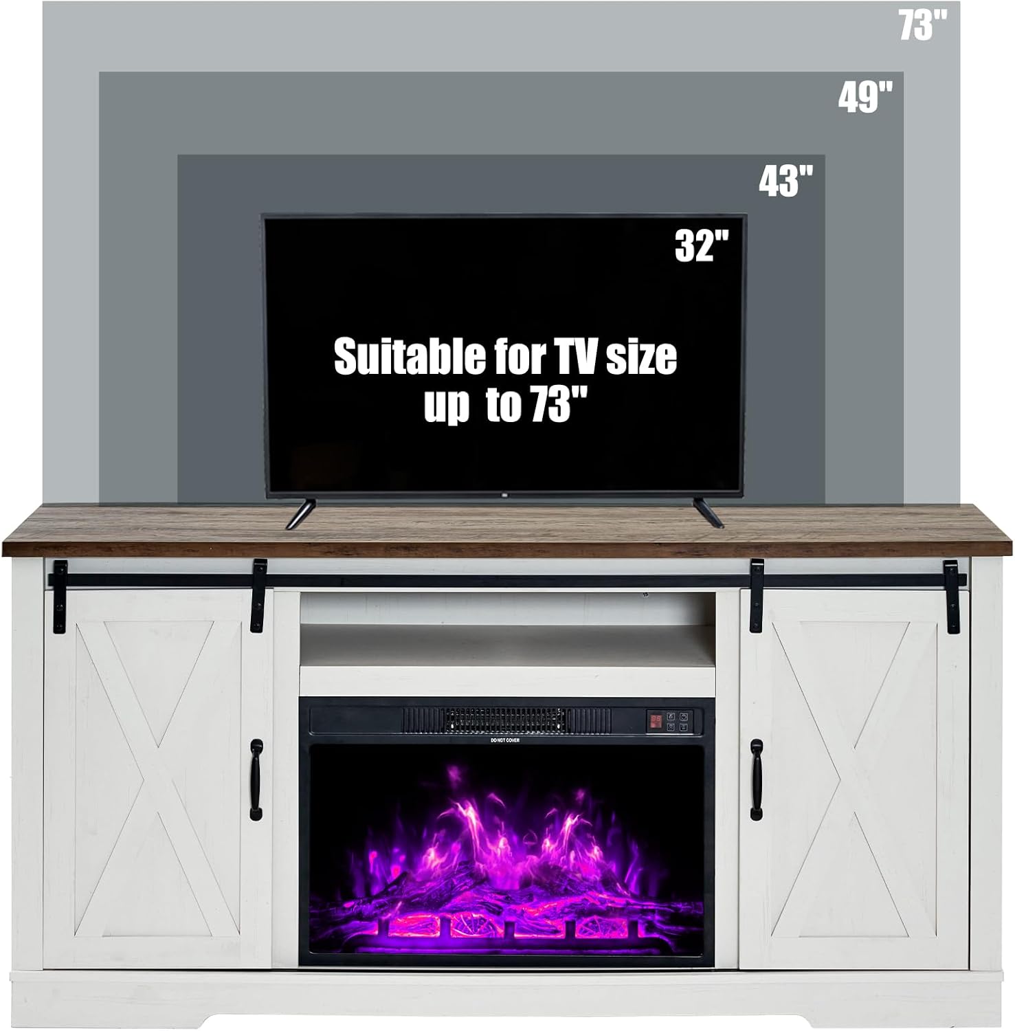 AMERLIFE 5-Piece Farmhouse Table Set Includes Fireplace TV Stand, Coffee Table& Two End Tables with Charging Station and USB Ports, for Living Room, Distressed White, 63"