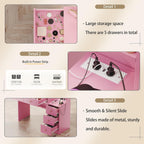Makeup Vanity with Lights & Charging Station, Pink Vanity Table with 5 Drawers & Open Storage Shelves, Vanity Desk with Mirror & Lights, Dressing Table Set, Bedroom Makeup Table Set Gold Handle