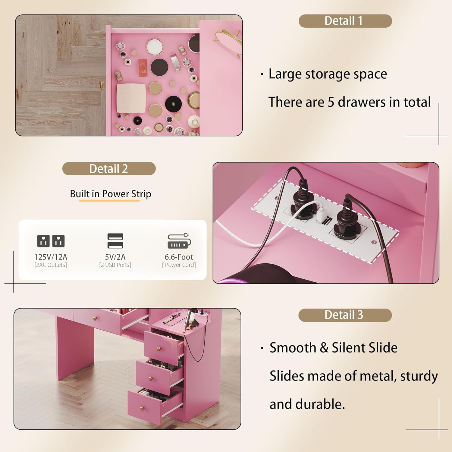 Makeup Vanity with Lights & Charging Station, Pink Vanity Table with 5 Drawers & Open Storage Shelves, Vanity Desk with Mirror & Lights, Dressing Table Set, Bedroom Makeup Table Set Gold Handle