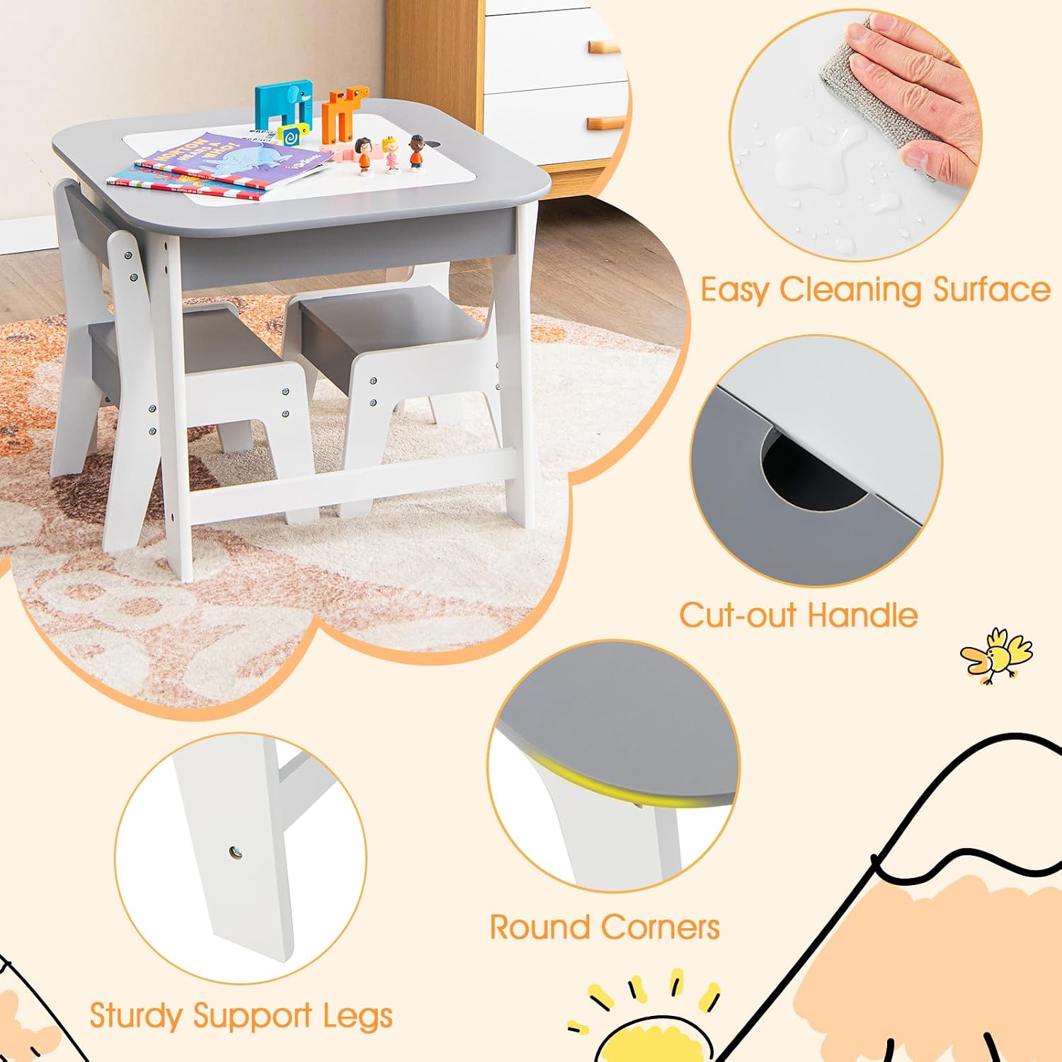 HONEY JOY Kids Table and Chair Set, 3-in-1 Children Wooden Activity Table and 2 Chairs for Art Craft, Reversible Blackboard, 3 PCS Toddler Furniture with Storage, Gift for Boys Girls (Gray)