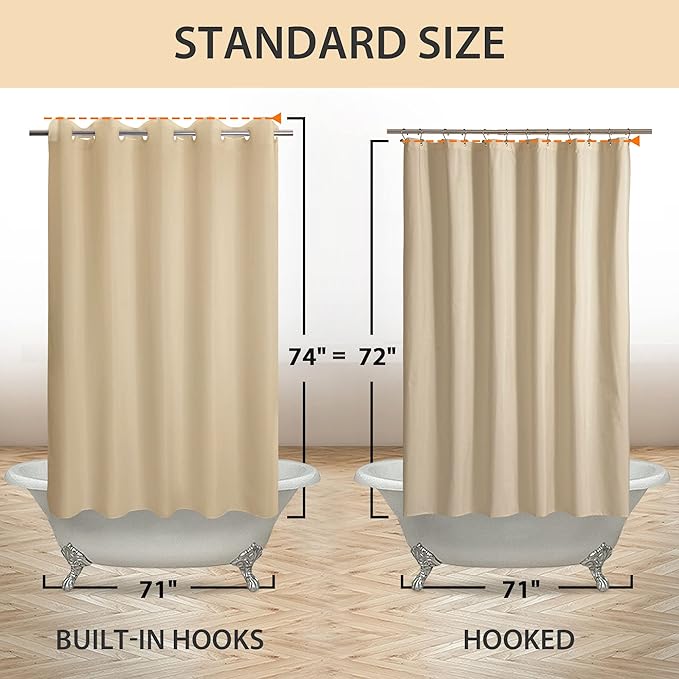 Fabric Shower Curtain No Hooks & Liner Needed - Soft Waterproof Hotel Cloth Shower Curtain Washable with Hooks Built-in, Beige, 71x74 Standard Size