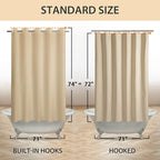 Fabric Shower Curtain No Hooks & Liner Needed - Soft Waterproof Hotel Cloth Shower Curtain Washable with Hooks Built-in, Beige, 71x74 Standard Size