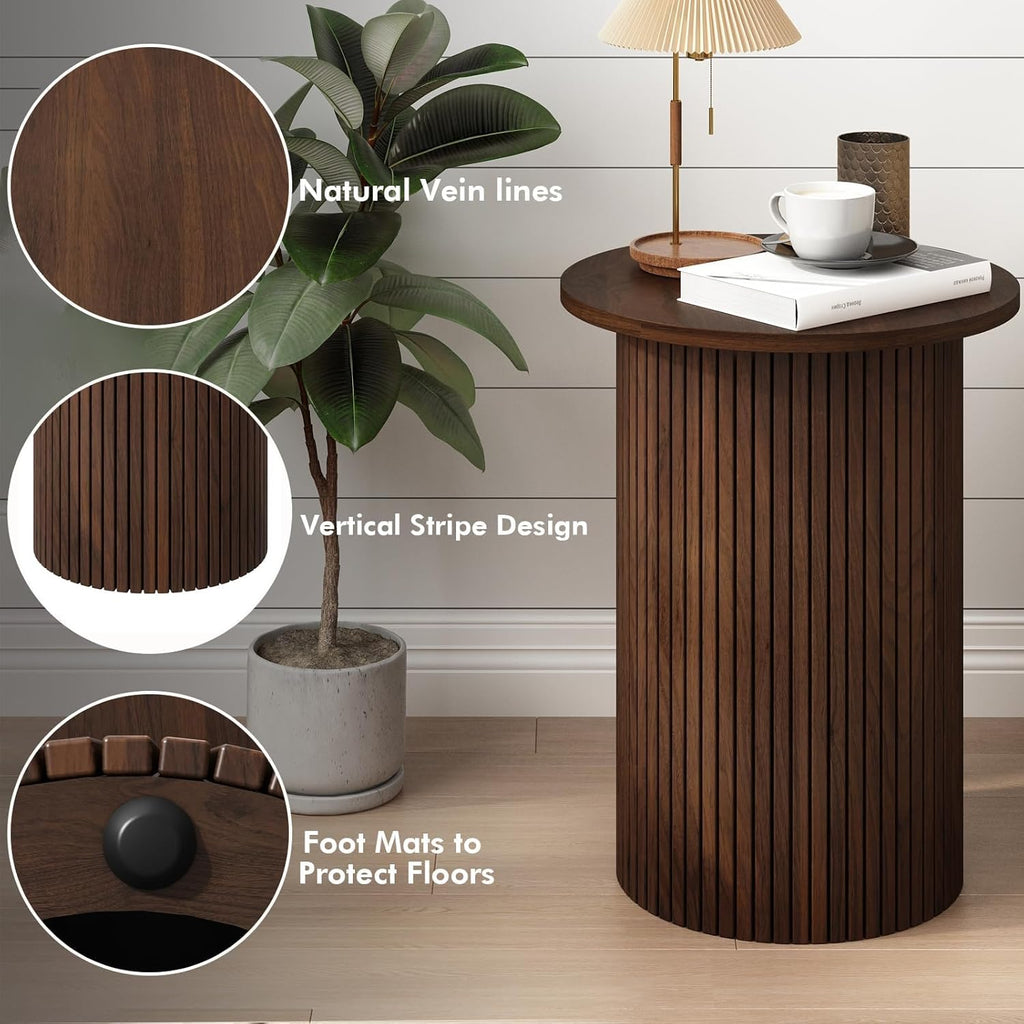 Wnutrees Round Fluted End Table, Small Accent Pedestal Side Table, Wood Fluted Nightstand Bedside Table for Living Room, Bedroom, Handcrafted Finish, Brown