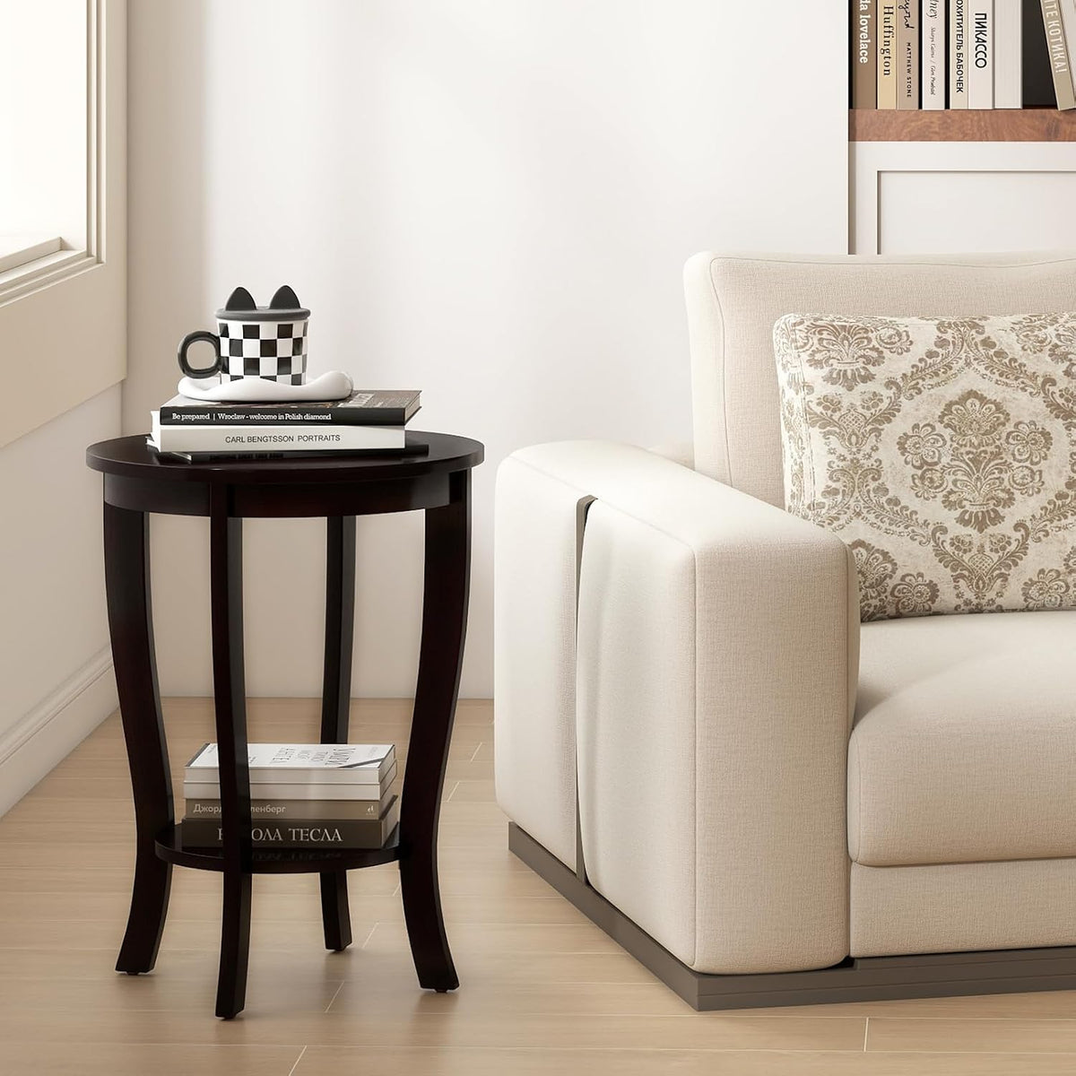 SlickBlue Space-Saving 2-Tier Round End Table with Premium Wood Legs and Floor Protection