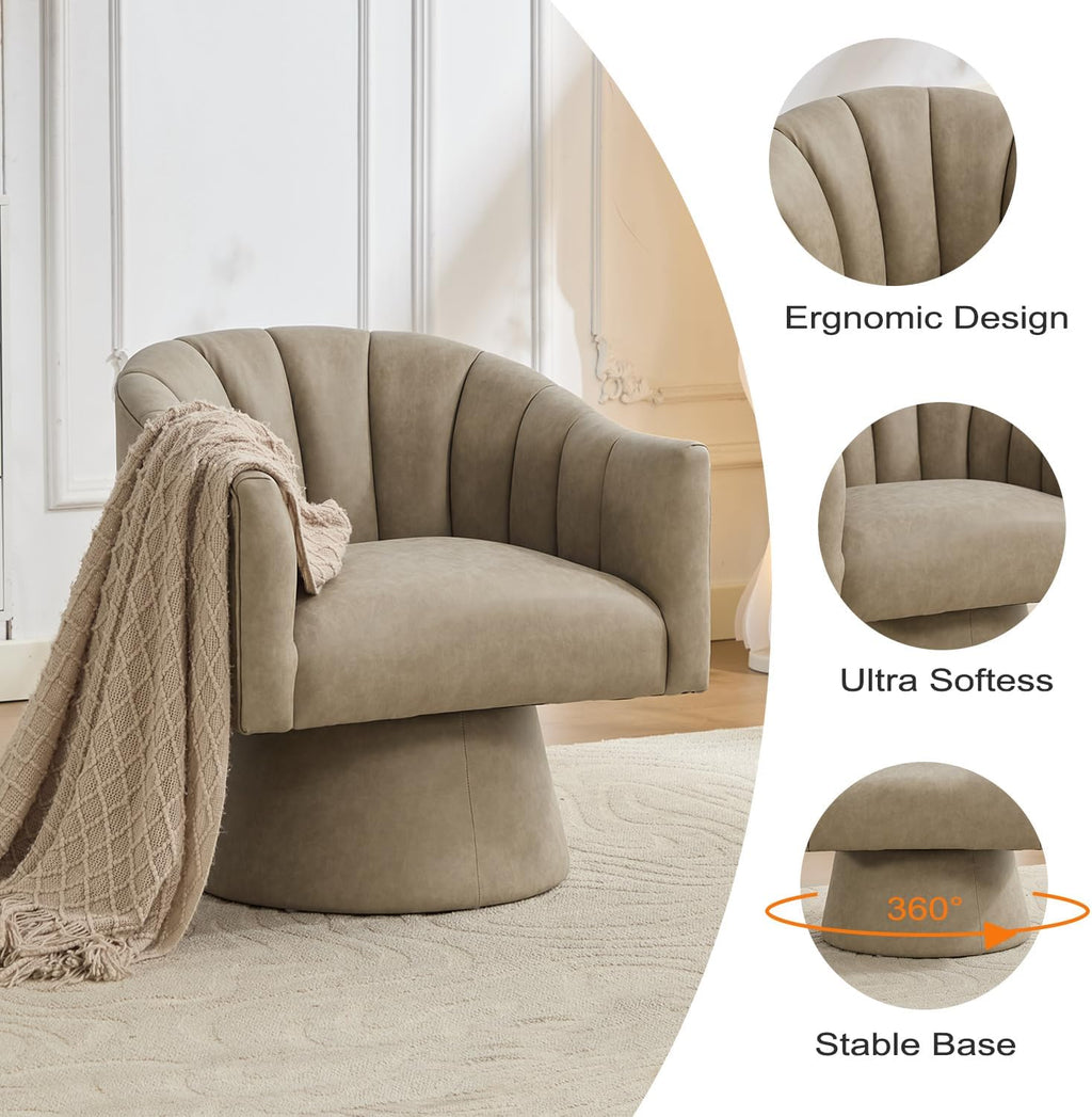 Swivel Accent Chair, Faux Leather 360° Swivel Barrel Chair Upholstered Modern Living Room Chair, Overstuffed Reading Armchair for Bedroom,Vanity,Office-Dark Apricot