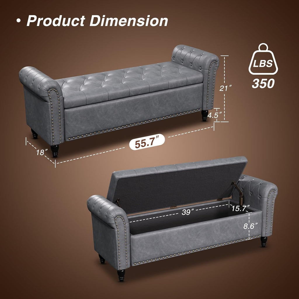 FiveWillowise 55" Bedroom Bench, End of Bed Bench with Storage, Grey