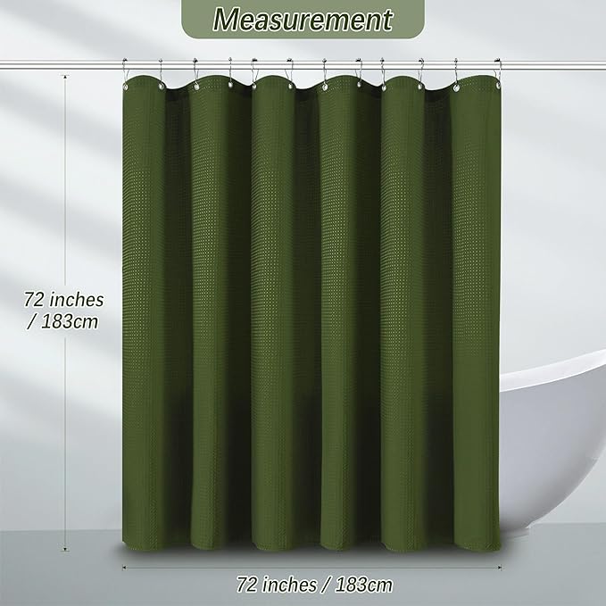 Deep Green Shower Curtain - Waffle Weave Fabric Heavy Duty Shower Curtain for Bathroom, Water Repellent Weighted 256GSM Hotel Quality Machine Washable Bath Curtains with 12 Hooks, 72Wx72H