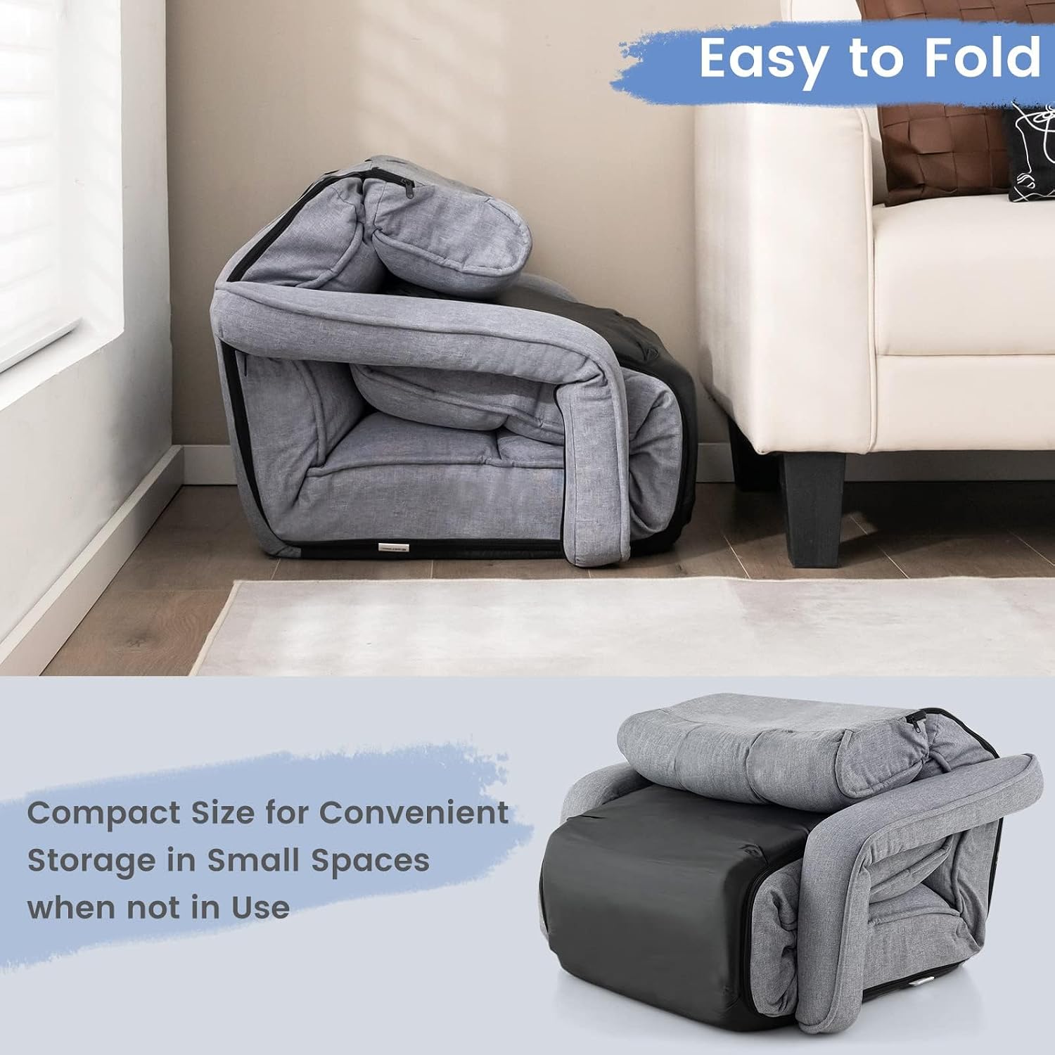 DORTALA Foldable Lazy Floor Sofa, Indoor Chaise Lounge Sofa, 6-Position Folding Padded Lounger Bed with Adjustable Armrest, Backrest and Footrest for Living Room, Bedroom, Office, Gray