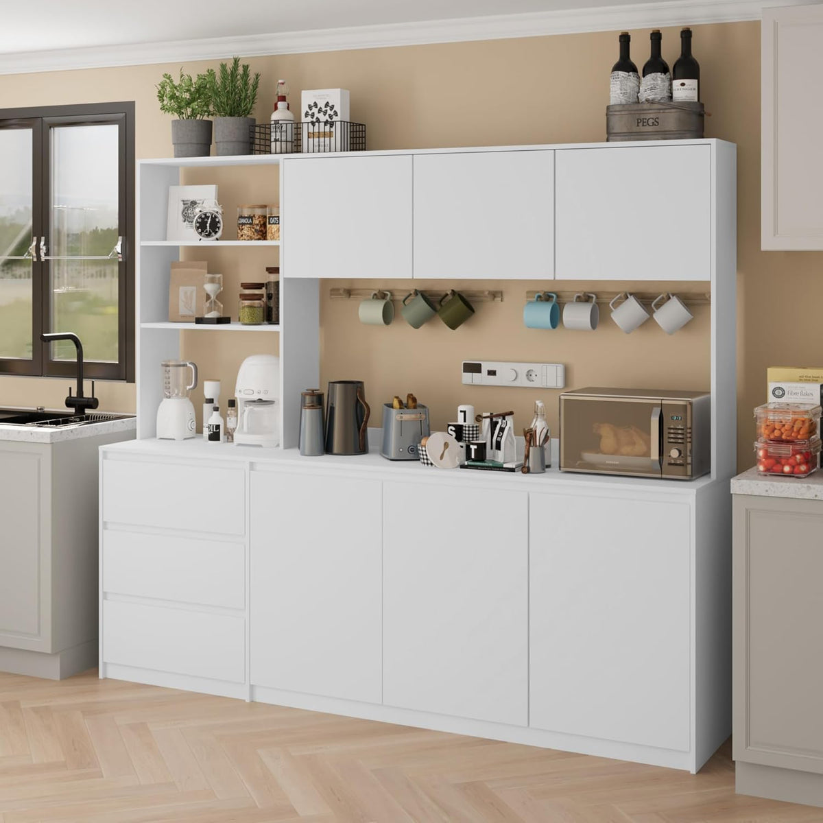 Mekminop Extra Large Kitchen Pantry with Microwave Shelf, Kitchen Hutch Storage Cabinet with Countertop, Freestanding Countertop Cabinet with 3 Drawers and 3 Open Shelves, White