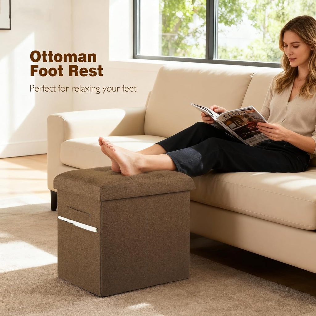 Storage Ottoman Cube, 17" High Folding Linen Foot Rest for Bedroom, Brown | Small Ottoman with Storage for Dorm with Thicker Foam Padded Seat. Foot Stools Ottoman with Side Pocket & Handles, 17x13x13in