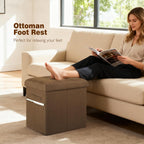 Storage Ottoman Cube, 17" High Folding Linen Foot Rest for Bedroom, Brown | Small Ottoman with Storage for Dorm with Thicker Foam Padded Seat. Foot Stools Ottoman with Side Pocket & Handles, 17x13x13in