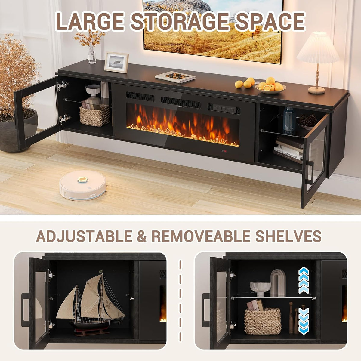 80" Floating TV Stand with 36" Electric Fireplace, Brown & Black | Floating TV Stand Wall Mounted Fits TVs up to 80", Adjustable Shelves & Storage, TV Console for Living Room, WI‑FI Enabled