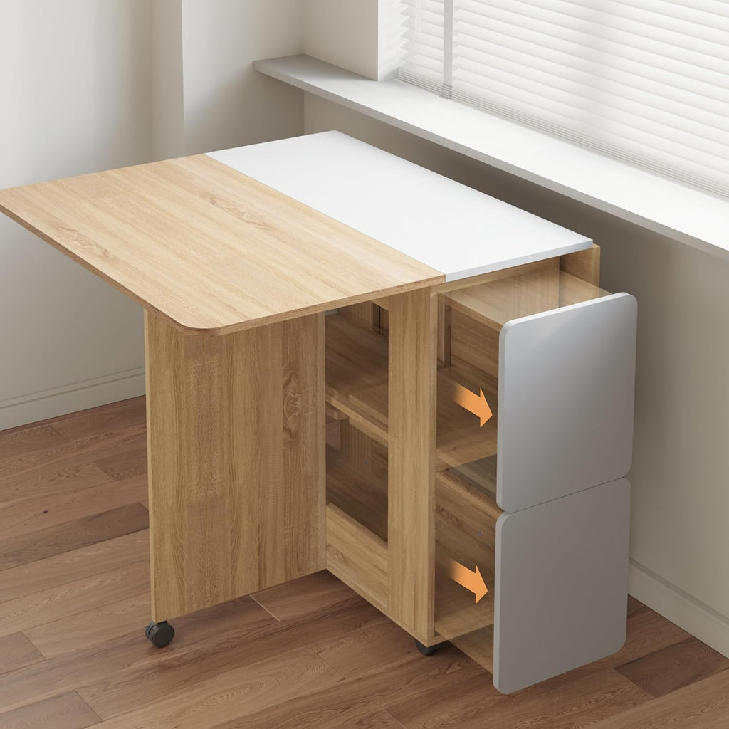 Mondeer Folding Dining Table with 4 Chairs for Small Spaces, Natural Wood | Drop Leaf Table and Chairs for Small Spaces, Folding Dining with Storage Shelf and Wheels for Kitchen Dining Room