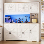 Tall Kitchen Pantry Cabinet with Carved Doors & Charging Station, Modern Storage Buffet with 4 Drawers and Adjustable Shelves, Coffee Bar Cabinet for Dining Room, White