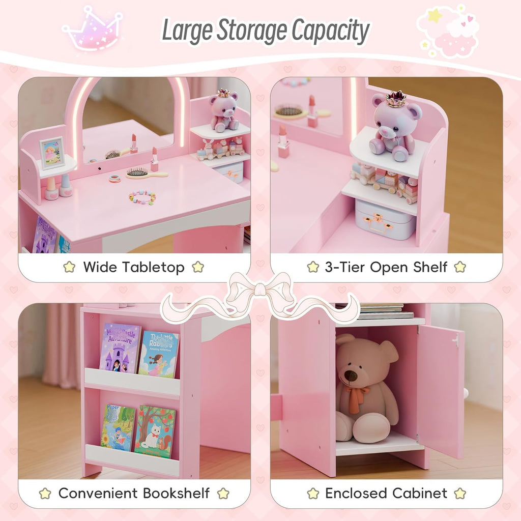 Kids Vanity with Lights, Kids Makeup Vanity with Bookshelf, Enclosed Cabinet and 3-tier Open Shelves, Little Girl Vanity Table Set with Lighted Mirror and Stools, Toddler Vanity for Girls (Pink)