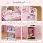 Kids Vanity with Lights, Kids Makeup Vanity with Bookshelf, Enclosed Cabinet and 3-tier Open Shelves, Little Girl Vanity Table Set with Lighted Mirror and Stools, Toddler Vanity for Girls (Pink)