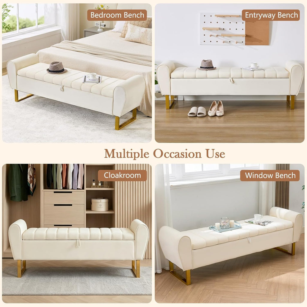 67'' King Size End of Bed Storage Bench for Bedroom, Bedroom Benches for Foot of Bed King with Gold Legs, Storage Ottoman Bench with Storage for Bedroom, Velvet Beige