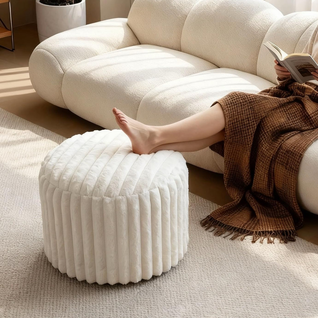 Round Stuffed Pouf Ottoman, Stripe Faux Fur Footrest, Solid Block Support+Soft Cushion Comfort, Removable Washable Cover, 20" Floor Pouf for Living Room Bedroom Dorm Vanity, Cream Beige