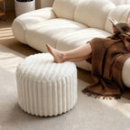 Round Stuffed Pouf Ottoman, Stripe Faux Fur Footrest, Solid Block Support+Soft Cushion Comfort, Removable Washable Cover, 20" Floor Pouf for Living Room Bedroom Dorm Vanity, Cream Beige