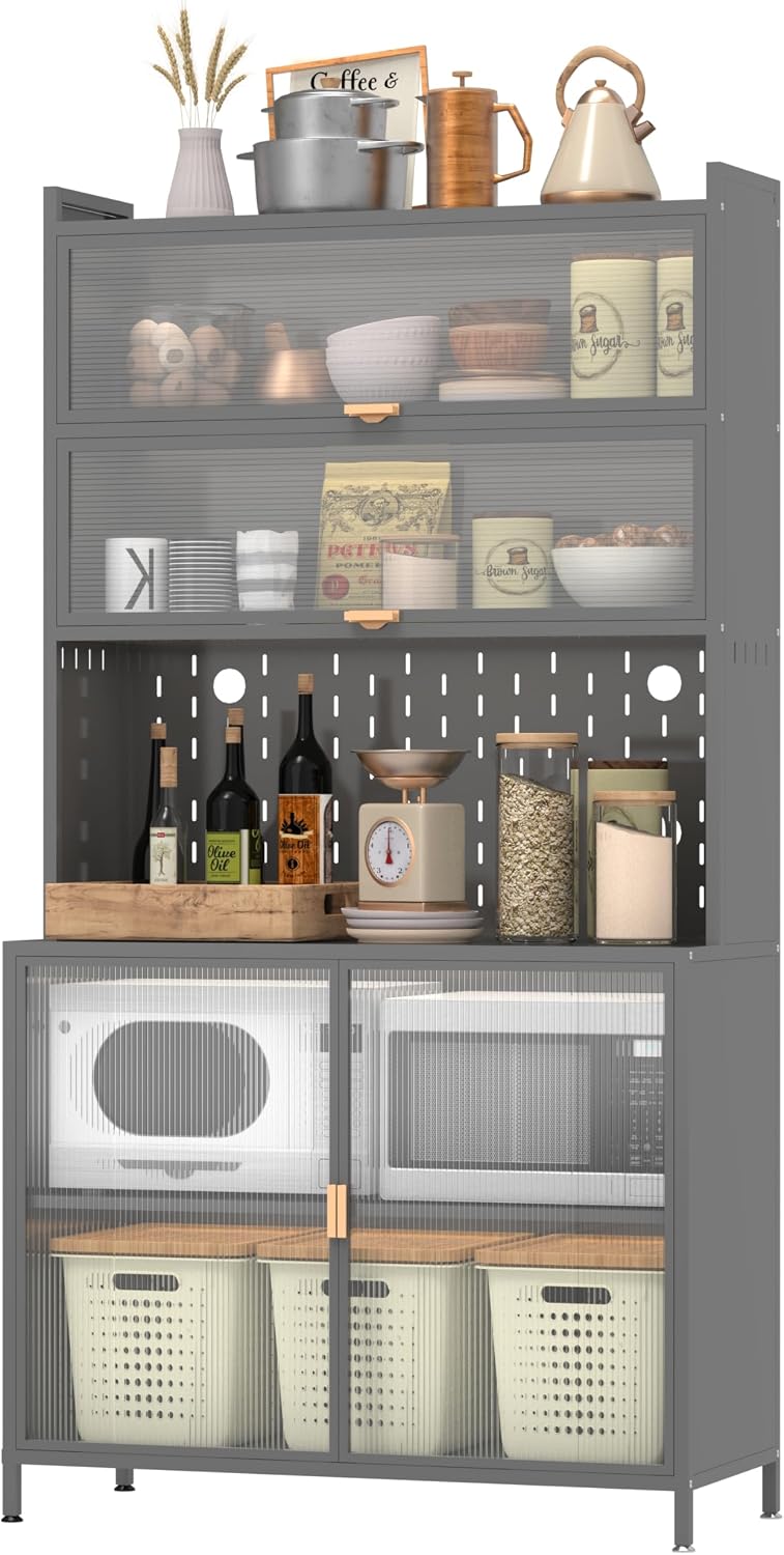 Montary 73" Tall Kitchen Pantry Cabinet, 6 Tiers Flip Door with Pegboard Spacious, Adjustable Metal Pantry Storage Cabinet, Anti-Tip Design Hutch for Kitchen, Dining Room, Living Room (Grey)