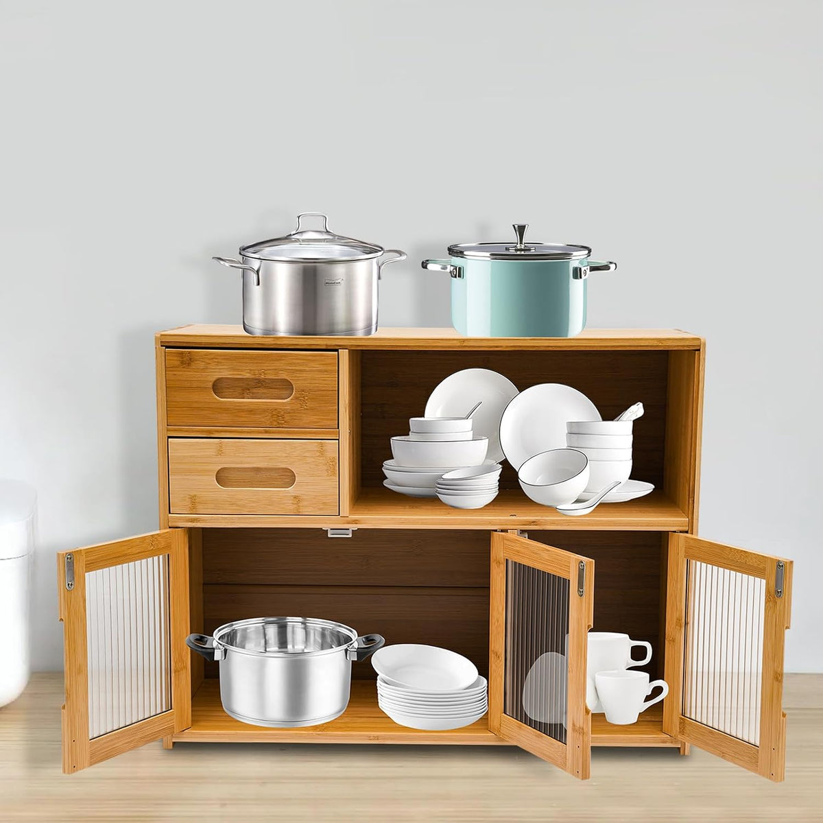 Small Bamboo Kitchen Pantry Sideboard, with Two Drawers, One Open Space, Large Bottom Space with Doors, Freestanding Countertop Storage Cabinet for Bottles, Dish, Bowl, Console