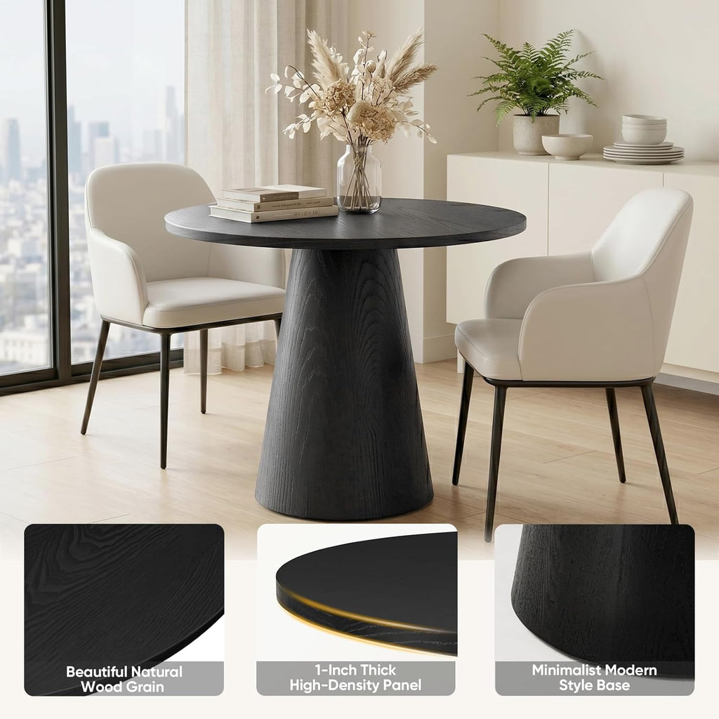 Comfy to go 35" Round Dining Table Wood for 2-3, Modern Farmhouse Kitchen Table with Concrete Pedestal Base, Small Circle Dining Table for Kitchen Living Room (Black)