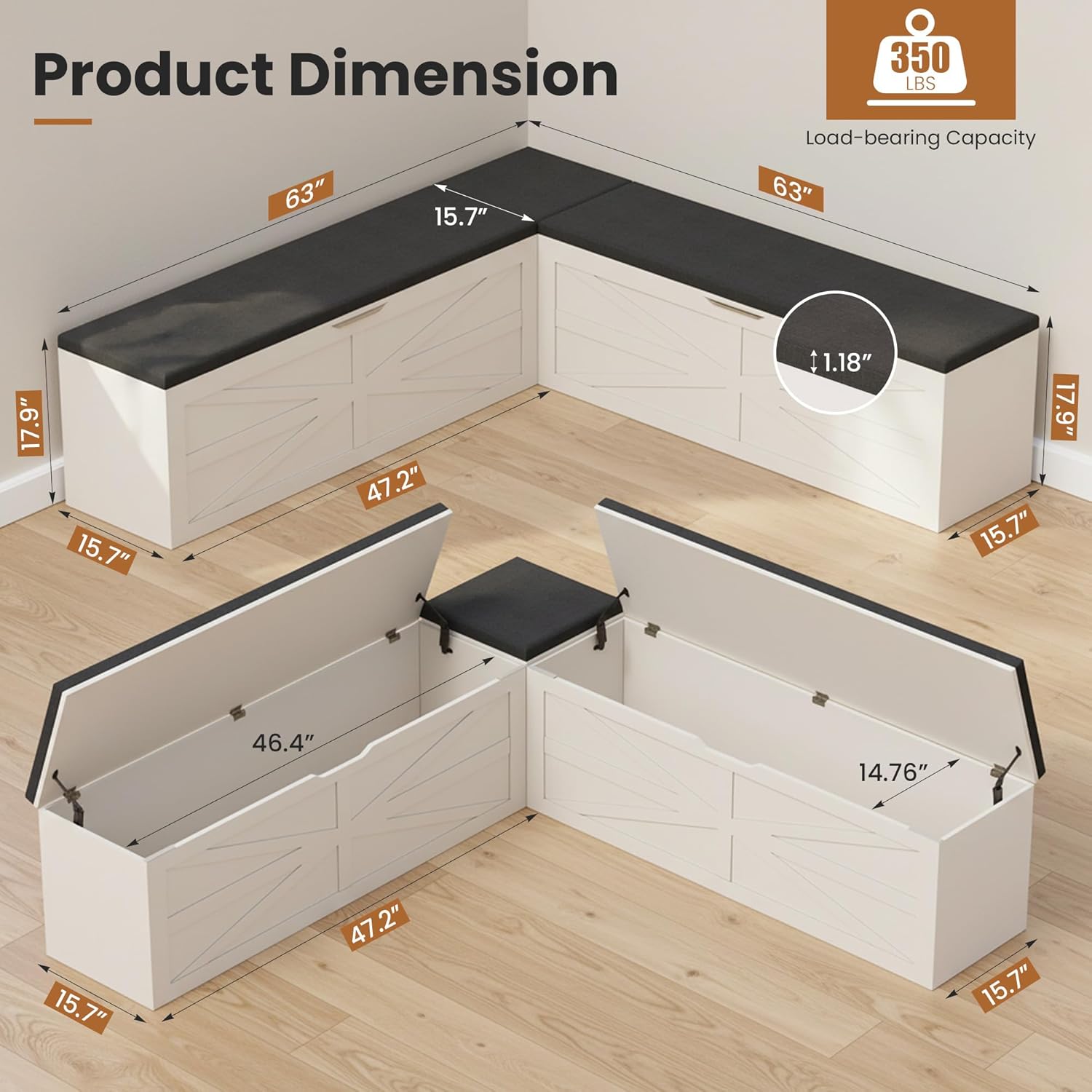 Apicizon L Shaped Storage Bench with Cushion, 63" Breakfast Nook Dining Bench with Hidden Storage, Kitchen Dining Corner Bench for Dining Room Entryway Living Room, Beige White+ Dark Gray