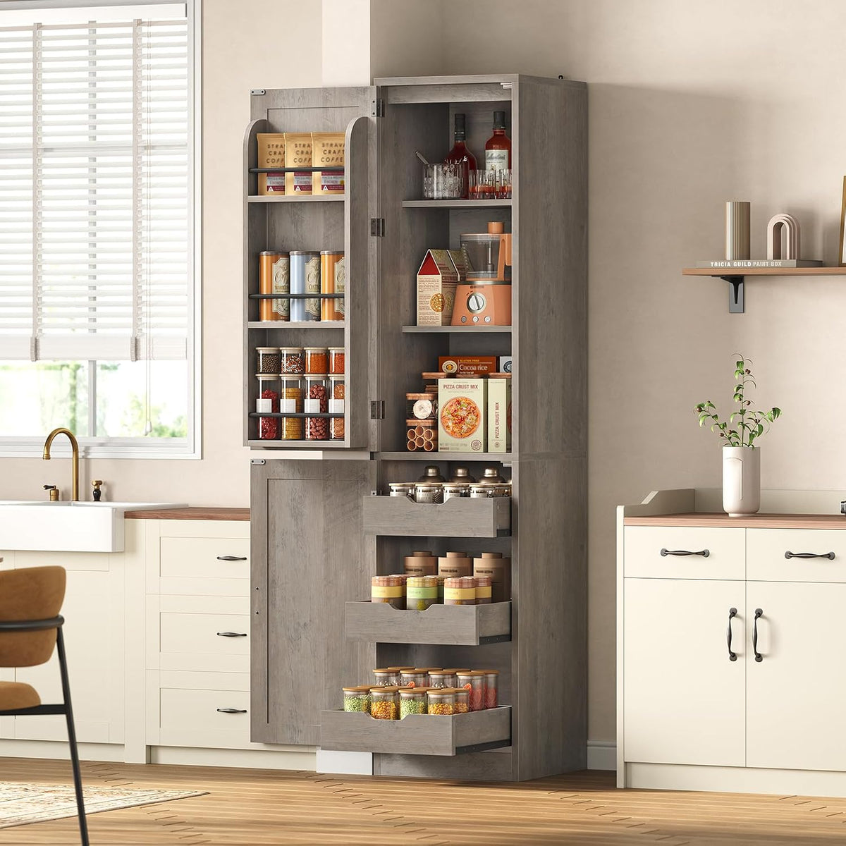 Itaar Narrow Kitchen Pantry Cabinet with 3 Door Shelves & 3 Drawer, Grey | Slim for Small Place, Adjustable Shelf, 71" Freestanding Linen Storage for Living Room, Kitchen, Bathroom
