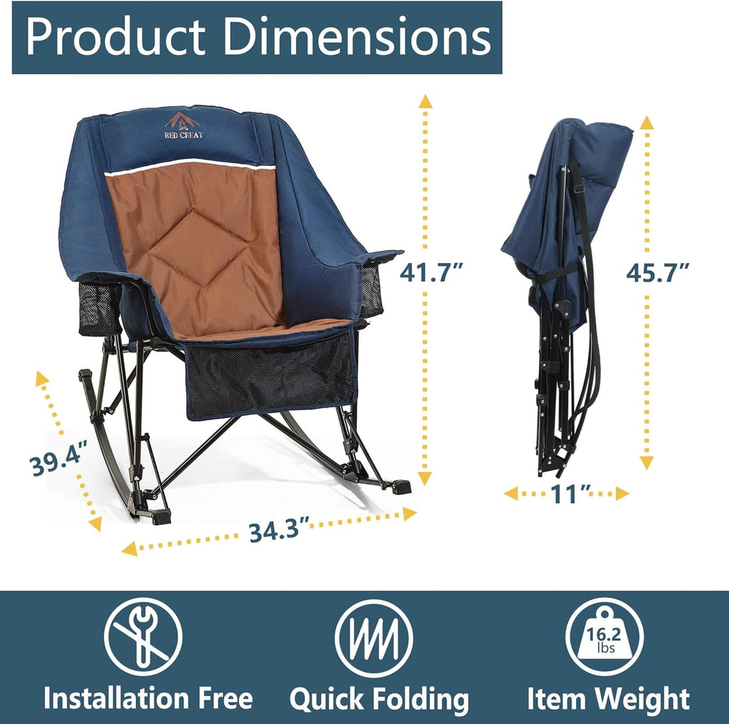 400lbs Rocking Camping Chair, Oversized Heavy Duty XL Folding Rocker for Adults, Padded High Back Big & Tall Support, with Cup Holders & Carry Bag for RV, Lawn, Patio & Sports